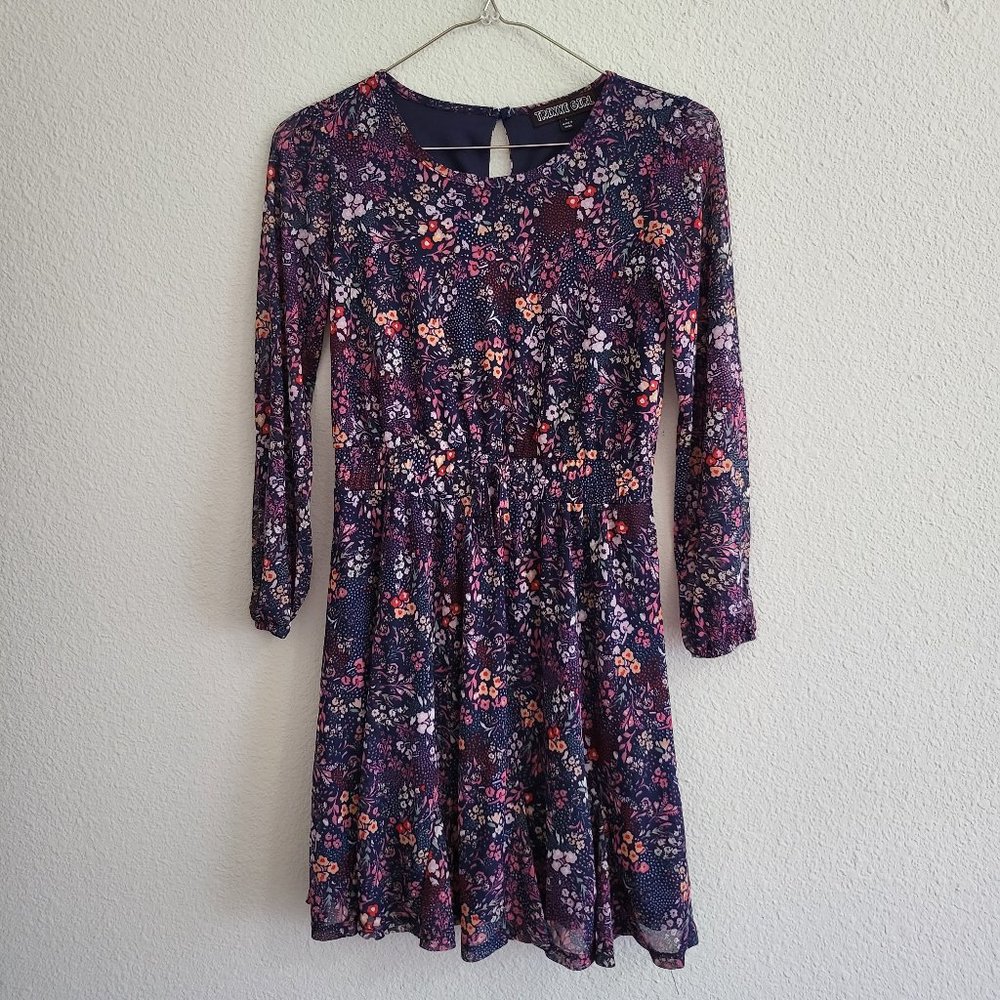 Trixxi Girl blue floral long sleeve dress ruffle hem cinched waist Size L